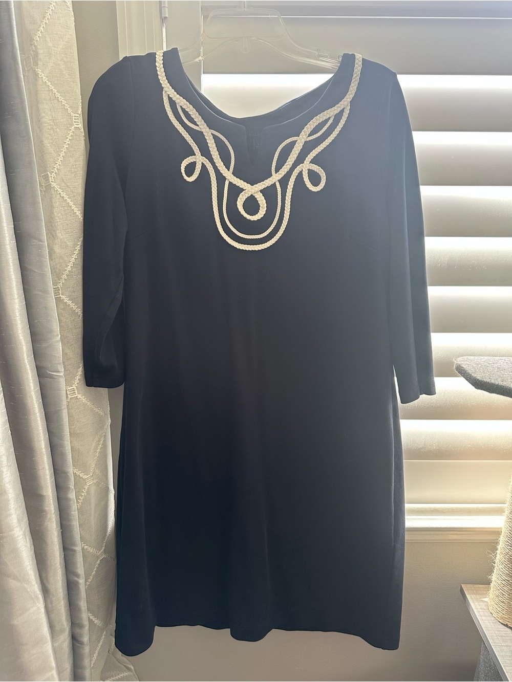 Talbots Black Shift Dress with Ivory Braided Neckline